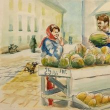 "Sell watermelon","Продам арбуз",б., акварель, 40Х60, 2019, автор Базаров Михаил